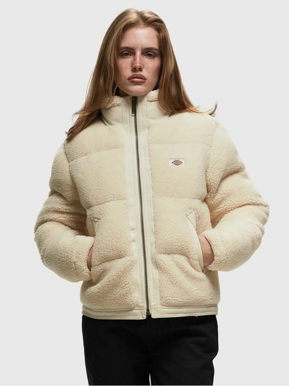 Dickies Sherpa Puffer Jacket Cream Teddy Fleece Zip Up Cozy Winter Coat